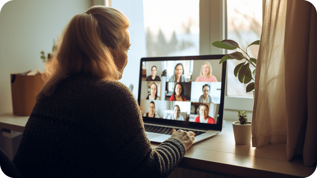 Woman on a laptop in a group video call, illustrating Grief Works' live human support