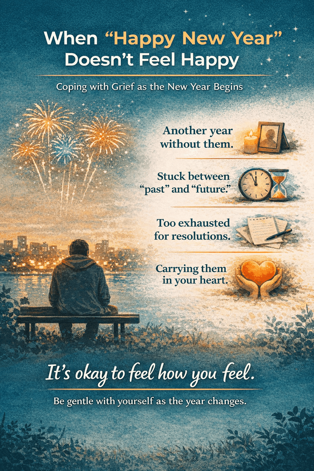 Illustrated poster of a person sitting alone on a bench by a lake watching fireworks, with vignettes of a candle, hourglass, journal, and heart in hands alongside phrases like 'Another year without them' and 'Carrying them in your heart'